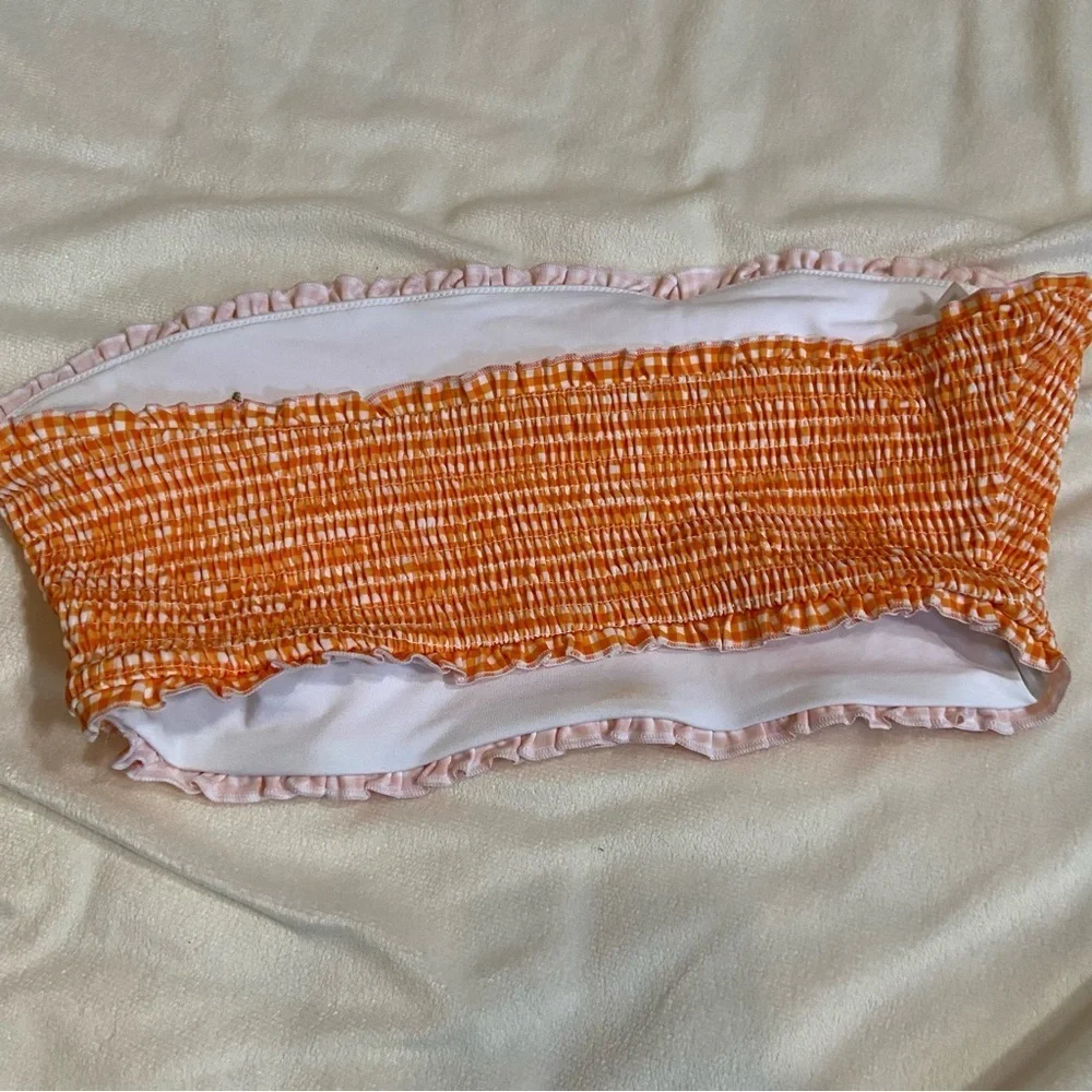 New! Frankie's Bikinis Iris Orange White Gingham Bandeau bikini Top 1582